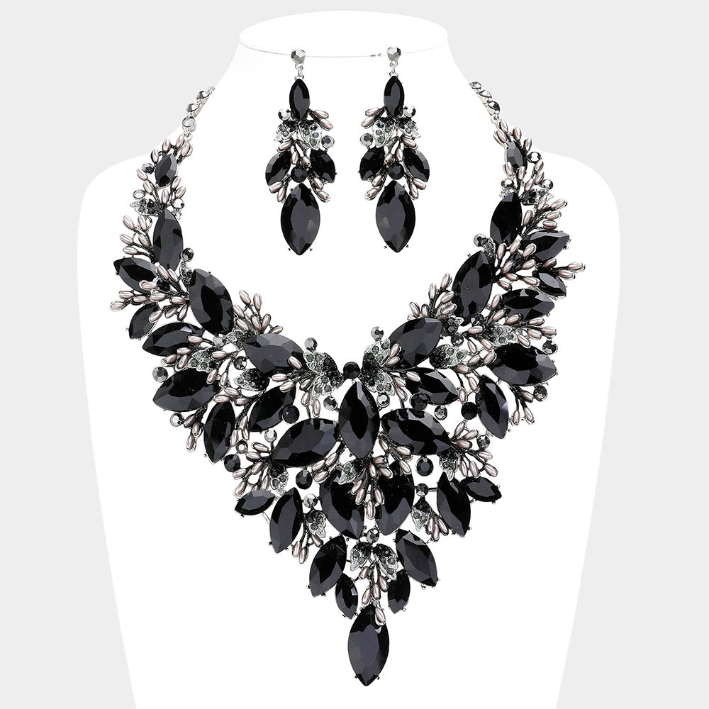 Black, Rhodium Marquise Stone Cluster Leaf Evening Necklace
