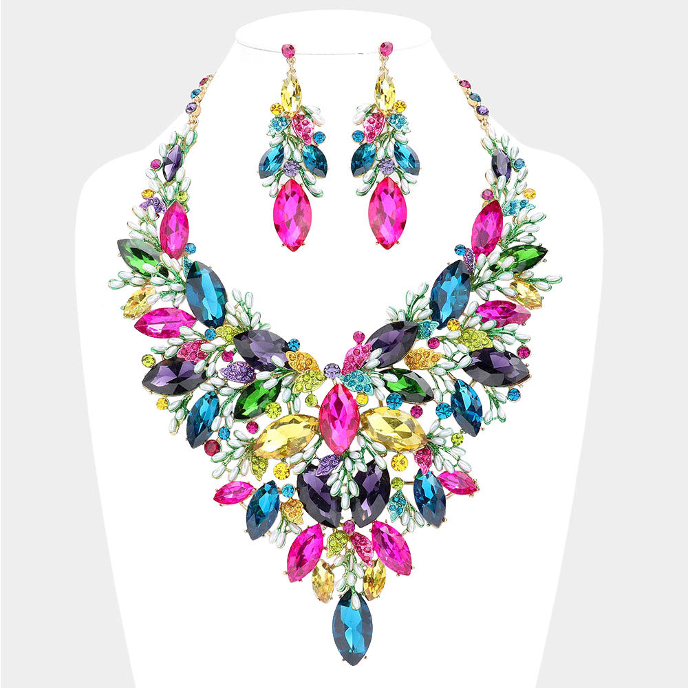 Gold, Multi Marquise Stone Cluster Leaf Evening Necklace