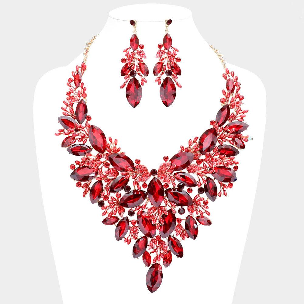 Gold, Red Marquise Stone Cluster Leaf Evening Necklace