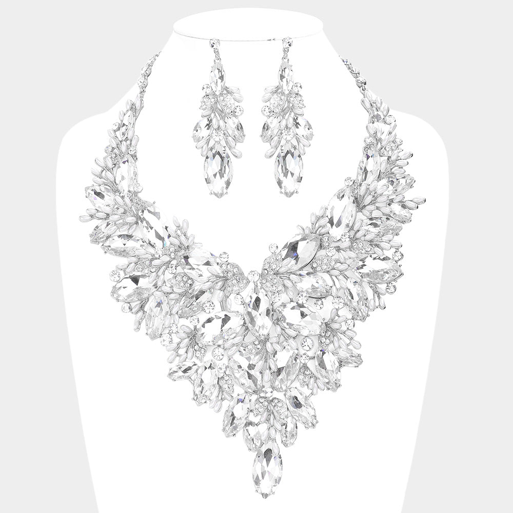 Rhodium Marquise Stone Cluster Leaf Evening Necklace