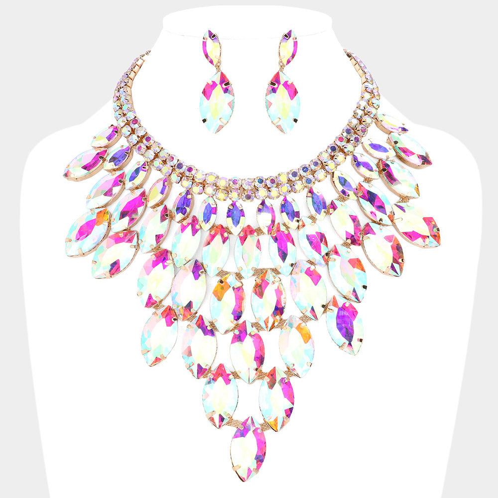 AB, Gold Marquise Stone Cluster Vine Evening Necklace
