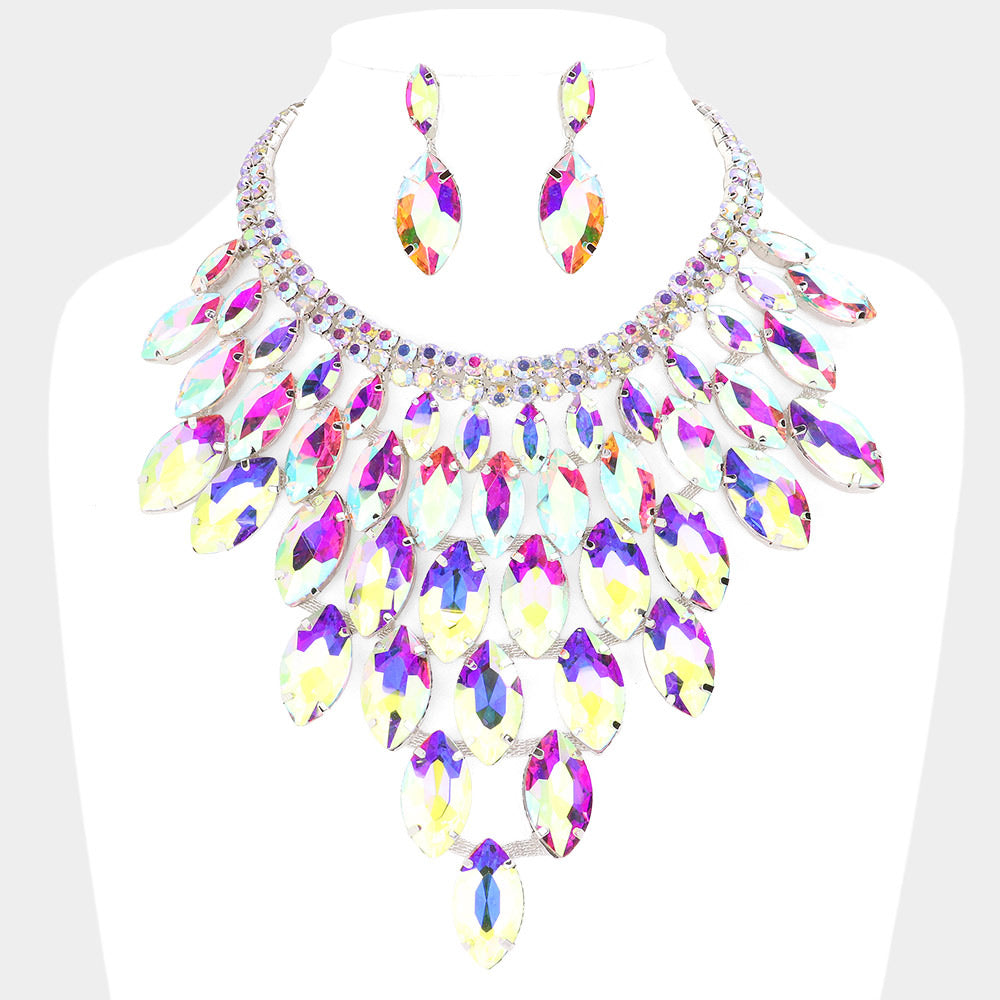 AB, Silver Marquise Stone Cluster Vine Evening Necklace