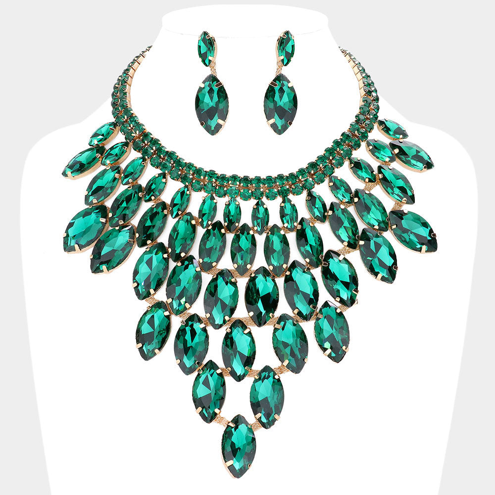 Emerald Marquise Stone Cluster Vine Evening Necklace