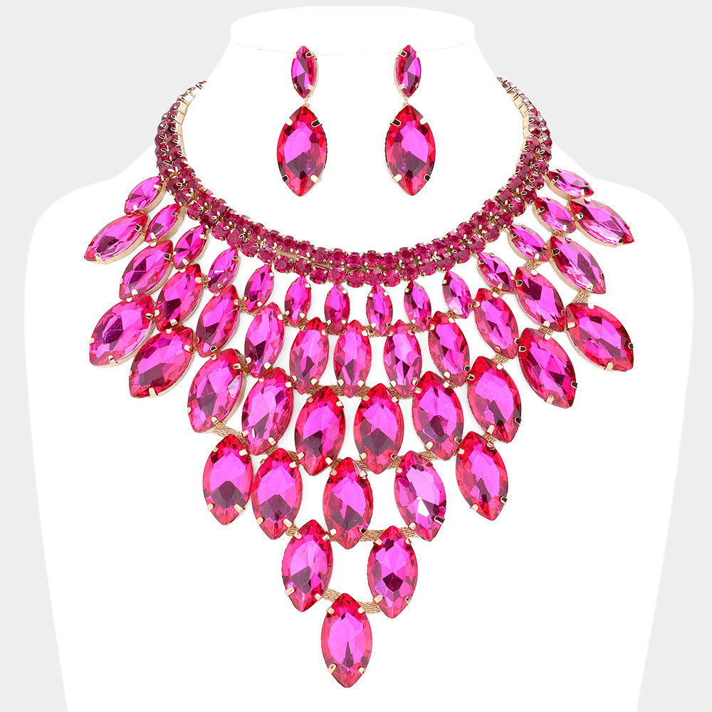 Fuchsia Marquise Stone Cluster Vine Evening Necklace