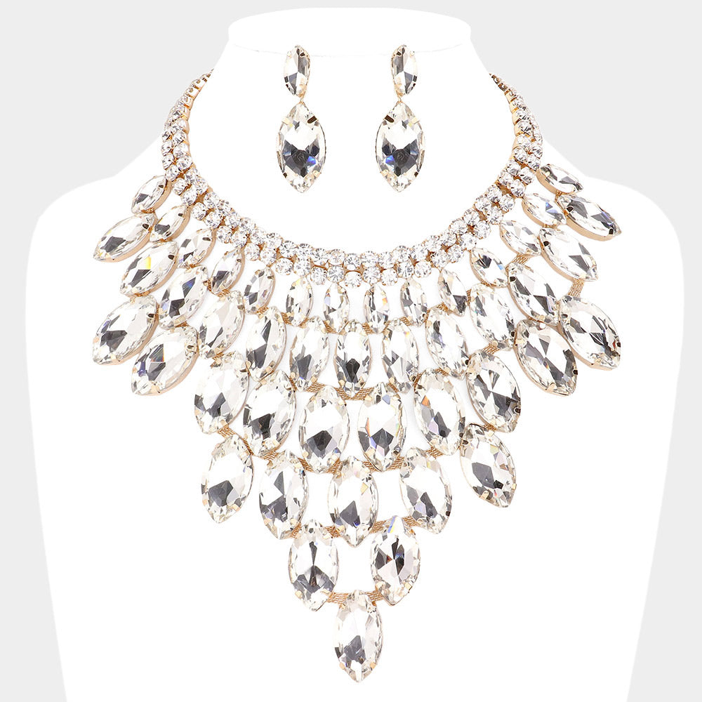Gold Marquise Stone Cluster Vine Evening Necklace