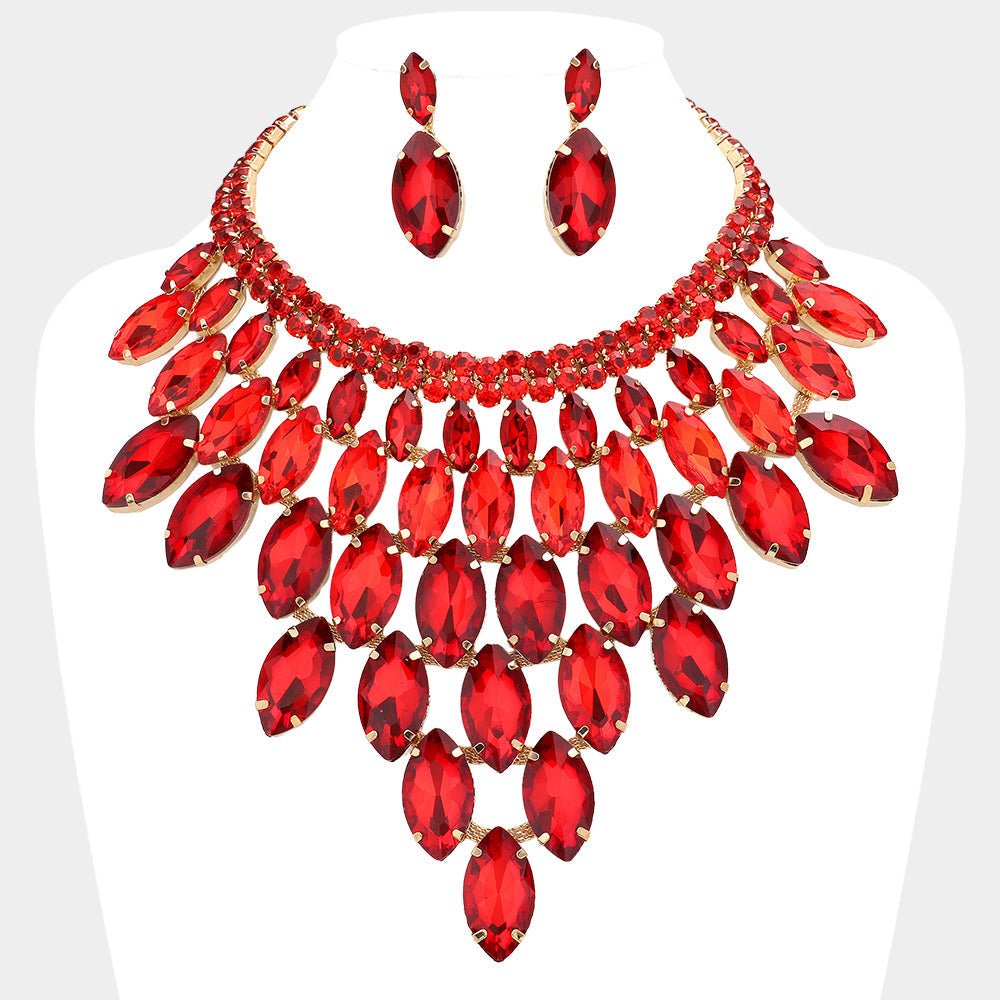 Gold, Siam Marquise Stone Cluster Vine Evening Necklace