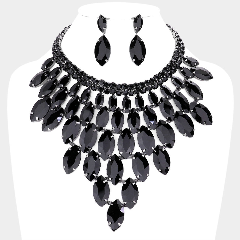 Jet Black Marquise Stone Cluster Vine Evening Necklace
