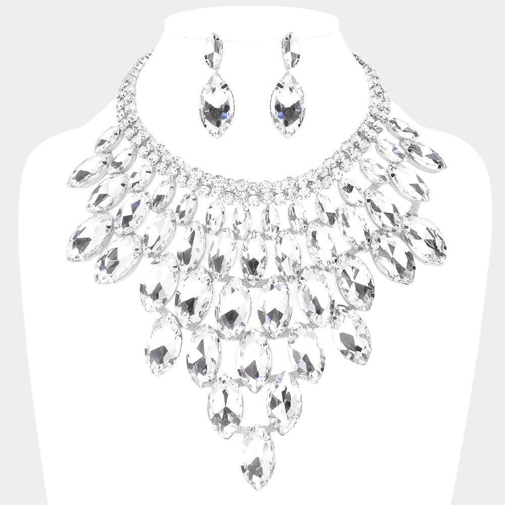 Silver Marquise Stone Cluster Vine Evening Necklace