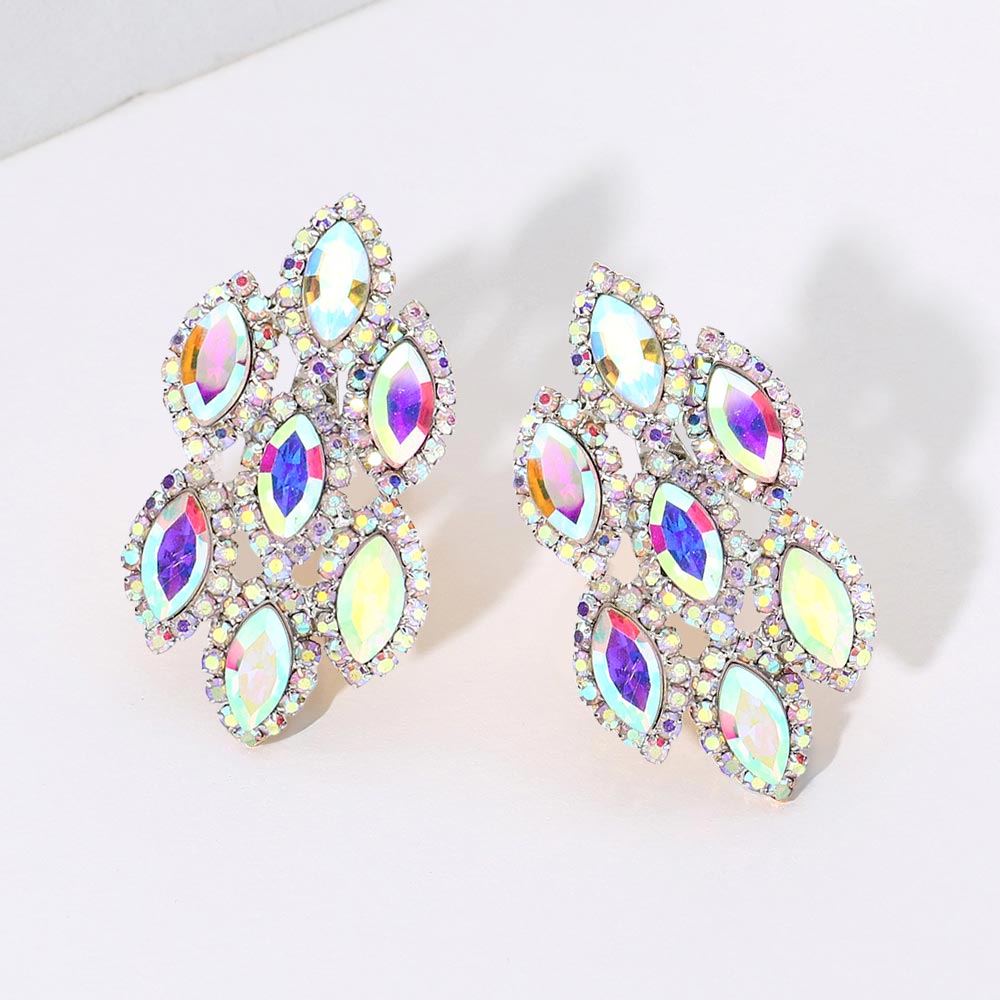 AB, Silver Marquise Stone Embellished Clip On Earrings