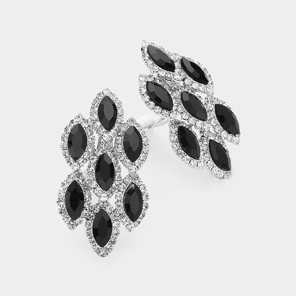 Black, Clear Marquise Stone Embellished Clip On Earrings