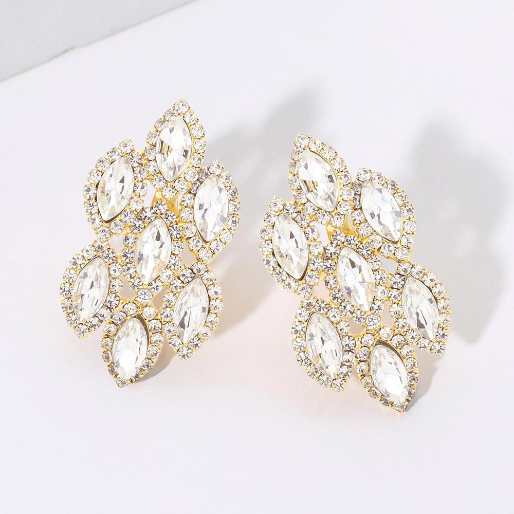 Clear, Gold Marquise Stone Embellished Clip On Earrings