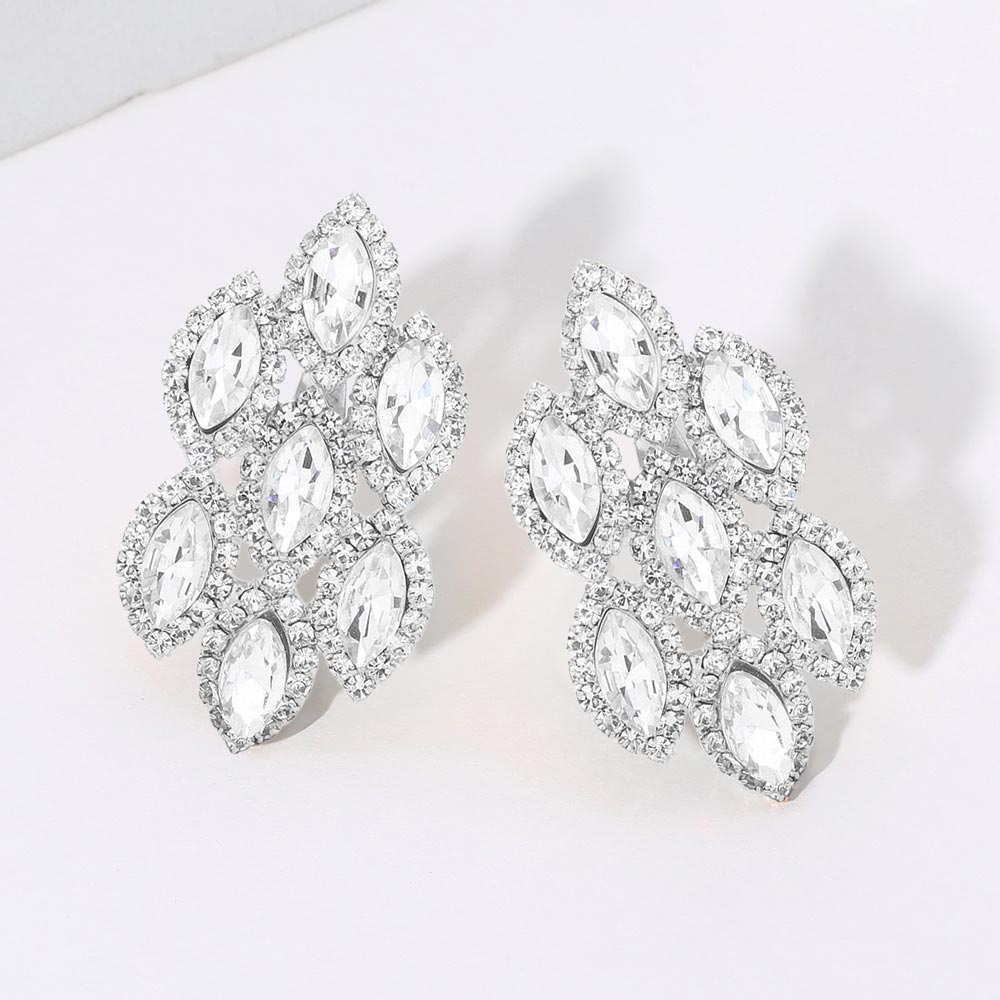 Clear, Silver Marquise Stone Embellished Clip On Earrings