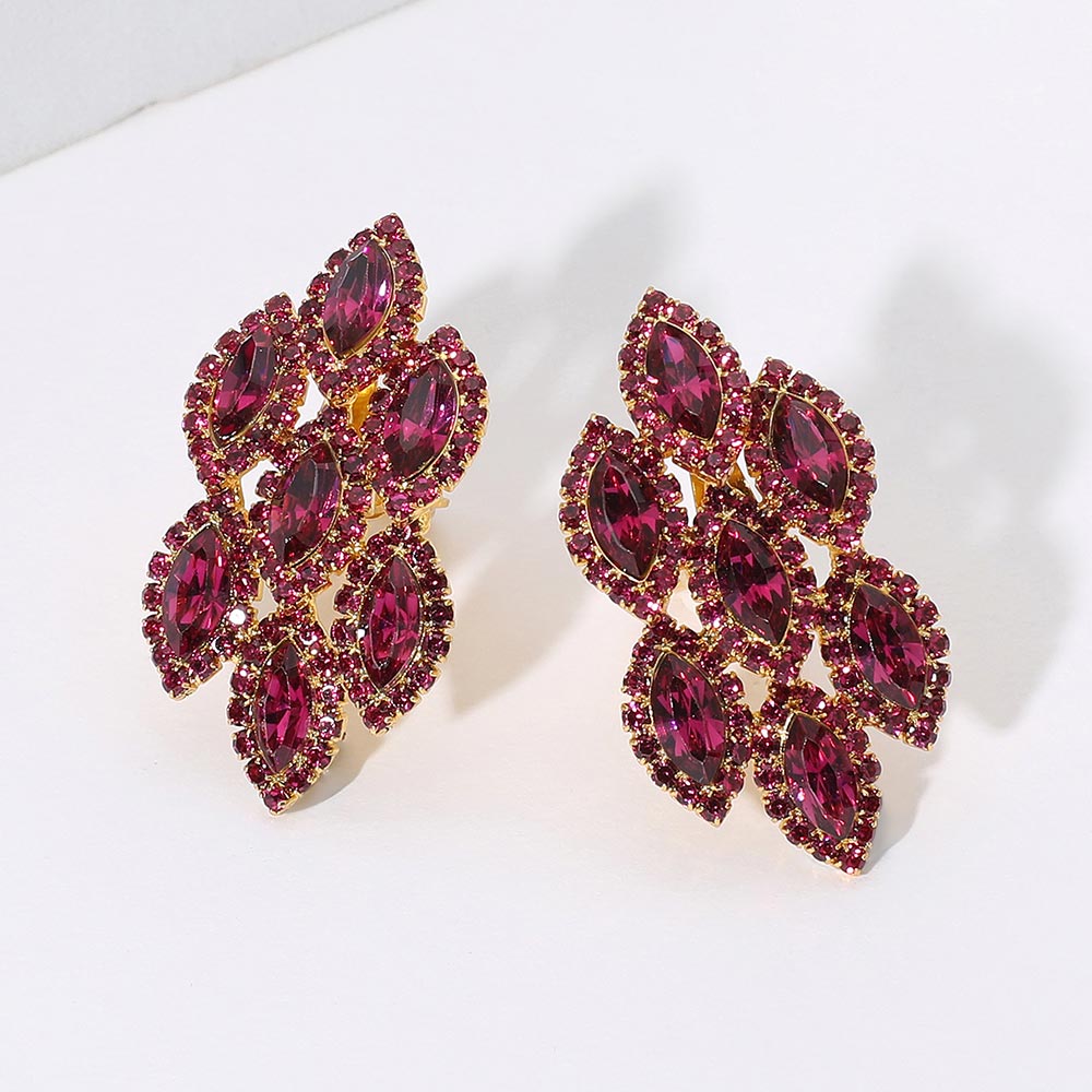 Fuchsia Marquise Stone Embellished Clip On Earrings
