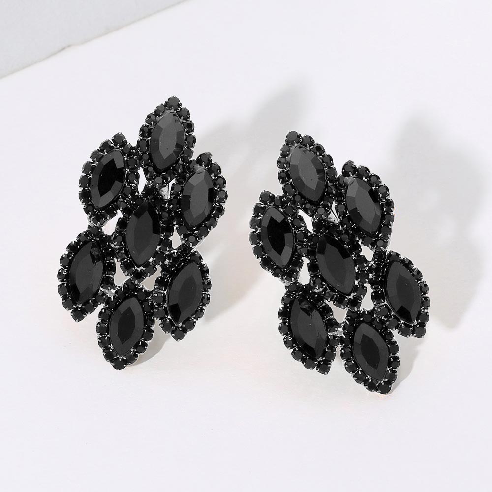 Jet Black Marquise Stone Embellished Clip On Earrings