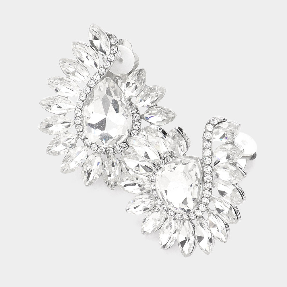 Clear, Rhodium Marquise Stone Embellished Teardrop Stone Pointed Clip On Earrings