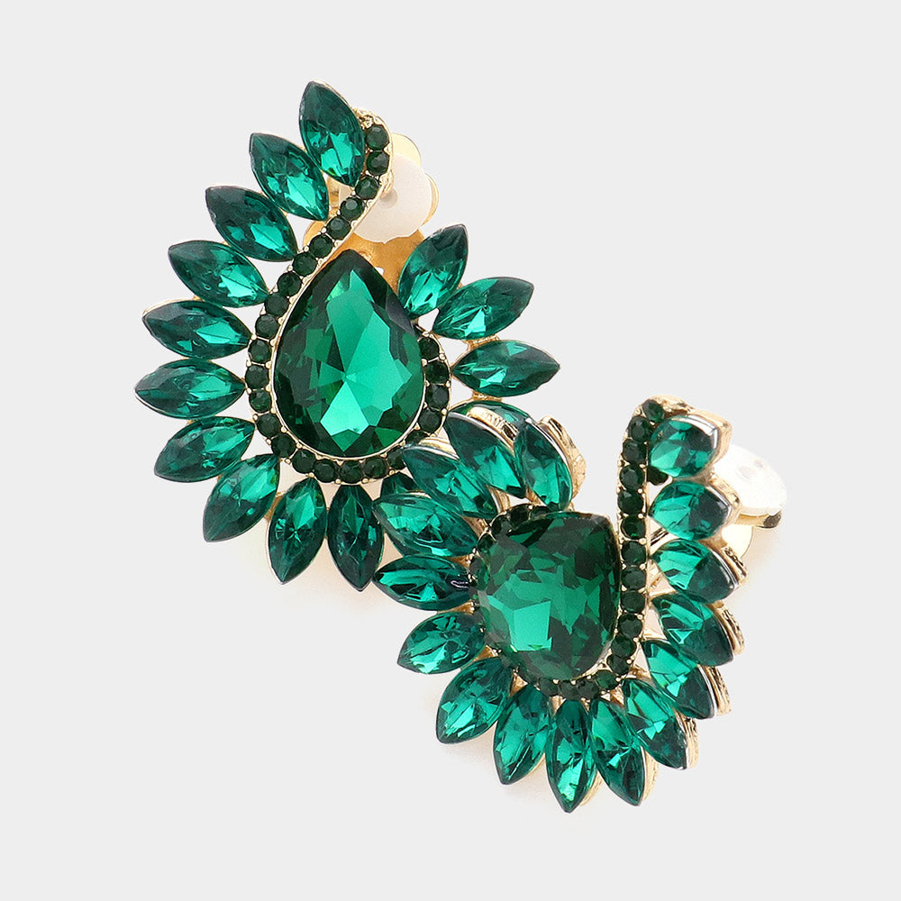 Gold, Green Marquise Stone Embellished Teardrop Stone Pointed Clip On Earrings