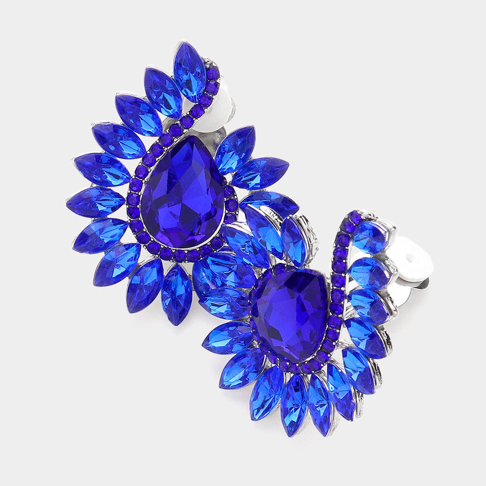 Rhodium, Royal Blue Marquise Stone Embellished Teardrop Stone Pointed Clip On Earrings