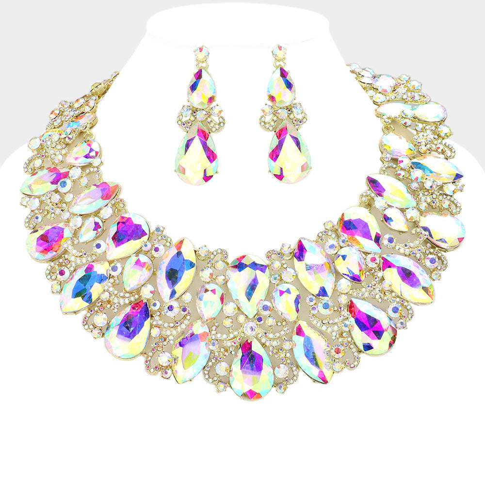 AB, Gold Marquise Teardrop Stone Accented Evening Necklace
