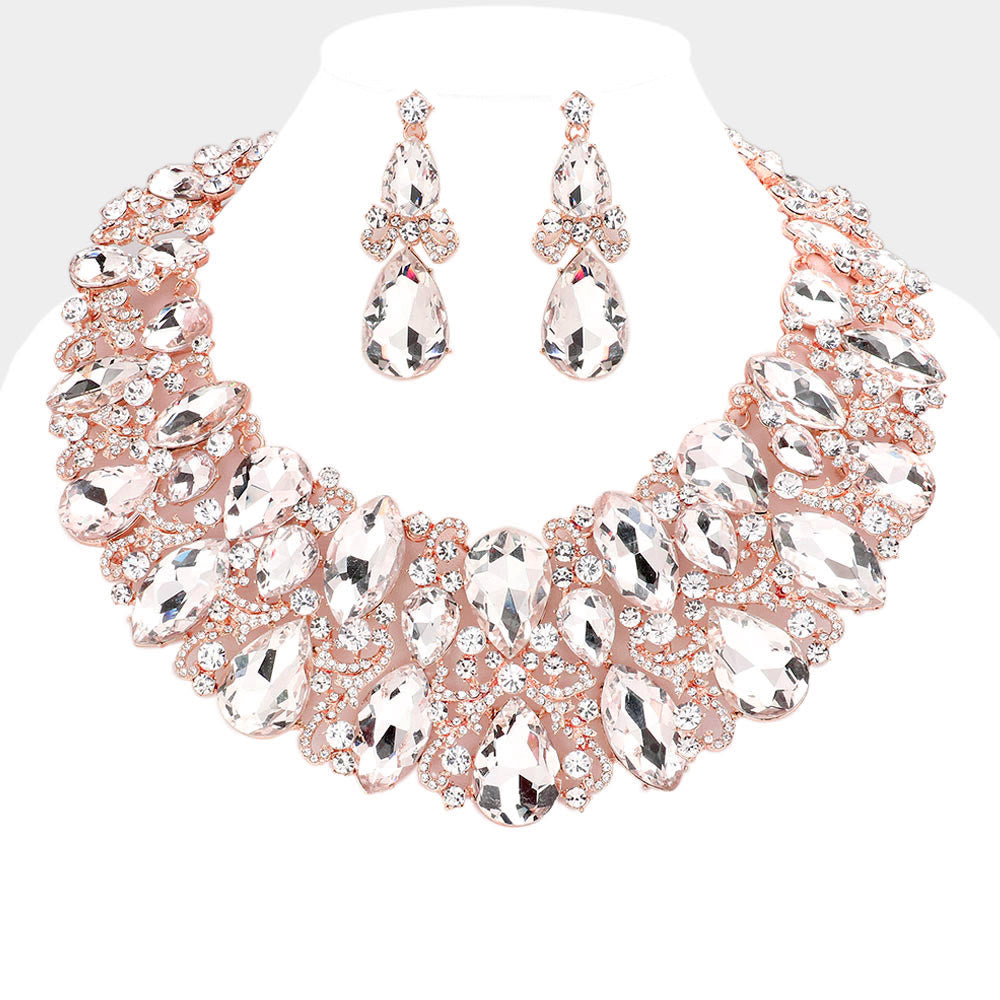 Clear, Rose Gold Marquise Teardrop Stone Accented Evening Necklace