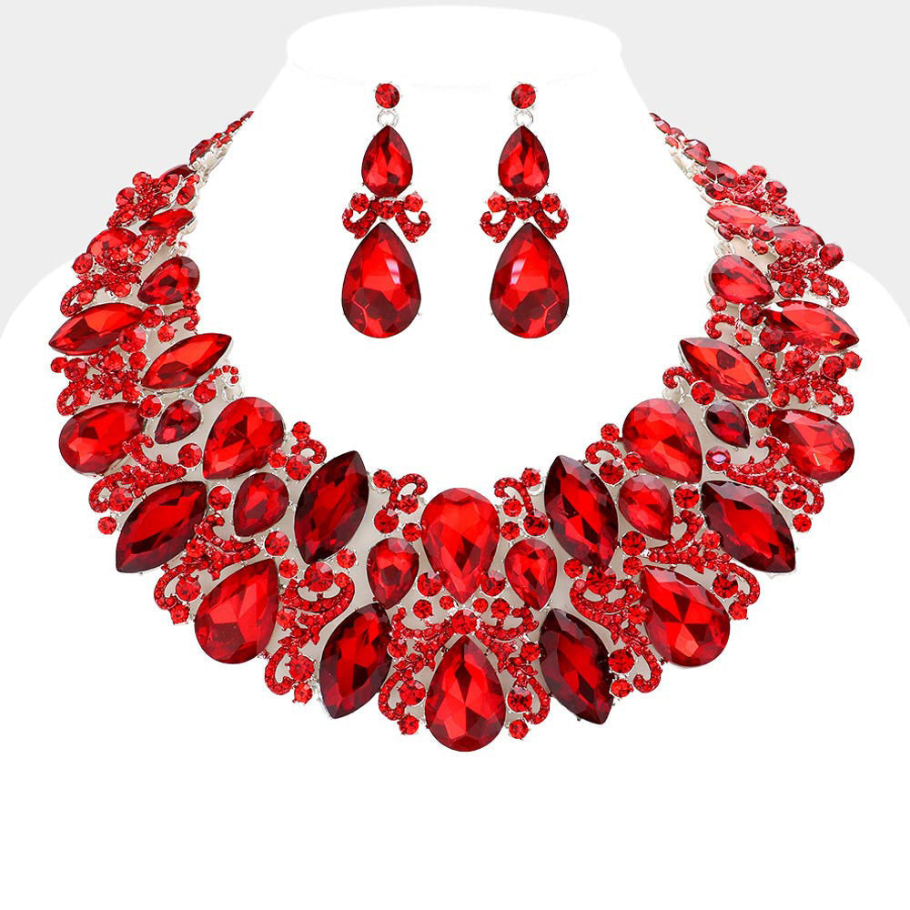 Red, Silver Marquise Teardrop Stone Accented Evening Necklace