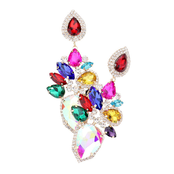 Gold Multi Marquise Teardrop Stone Cluster Dangle Evening Earrings, put on a pop of color to complete your ensemble. Perfect for adding just the right amount of shimmer & shine and a touch of class to special events. Perfect Birthday Gift, Anniversary Gift, Mother's Day Gift, Graduation Gift.