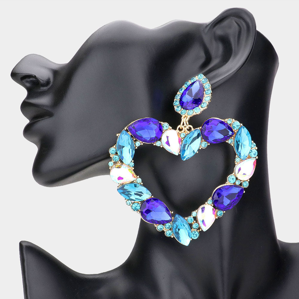 Marquise Teardrop Stone Cluster Open Heart Dangle Evening Earrings - Blue - Earrings
