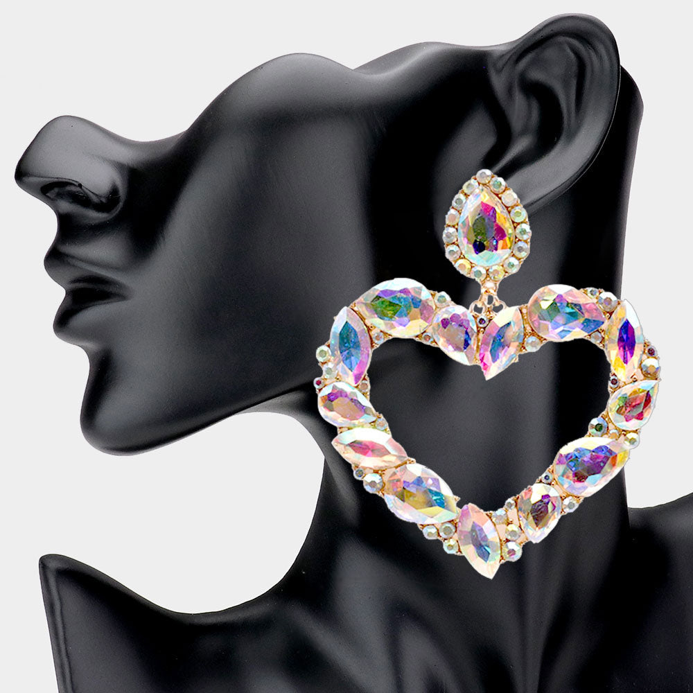 Marquise Teardrop Stone Cluster Open Heart Dangle Evening Earrings - AB Gold - Earrings