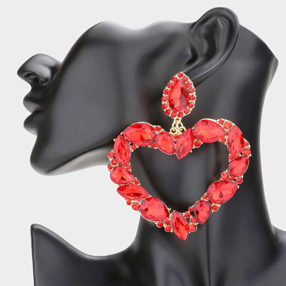 Marquise Teardrop Stone Cluster Open Heart Dangle Evening Earrings - Red - Earrings