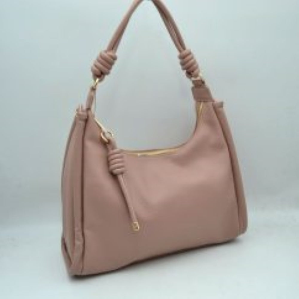 Mauve Bring a perfect blend of relaxed style and modern sophistication to your wardrobe with this slouchy hobo shoulder bag. Crafted with a premium pebble-grain textured exterior, this everyday handbag features unique coiled knot accents on the shoulder strap and a matching decorative hanging tassel for a contemporary touch. Designed to comfortably rest on your shoulder or slip onto your forearm, it opens up to a roomy main compartment ideal for organizing your phone, wallet, cosmetics