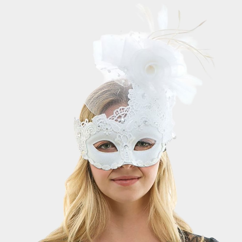 White Mesh Flower Feather Detail Lace Applique Masquerade Halloween Mask