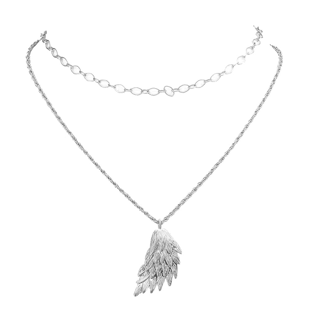 Worn Metal Angel Wing Pendant Accented Necklace Angel Wing Necklace, beautifully crafted angel wings symbolize purity, courage, harmony, and protection. They provide us with happiness, hope, and faith. They are a guardian of the heart and soul. Wear this necklace, knowing that you are loved and appreciated for all that you do or gift it to a loved one to show how important they are to you. 