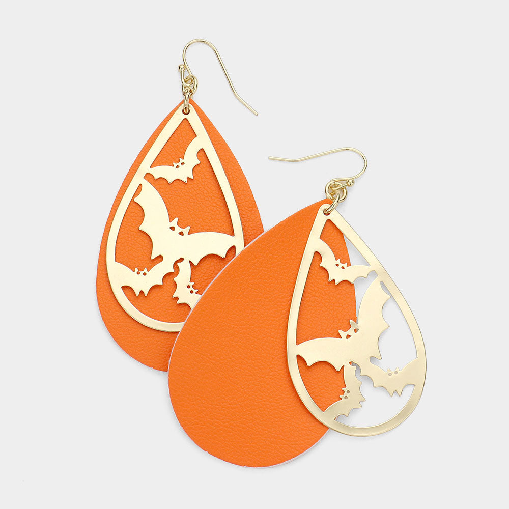 Orange Metal Bat Accented Faux Leather Teardrop Layered Dangle Earrings