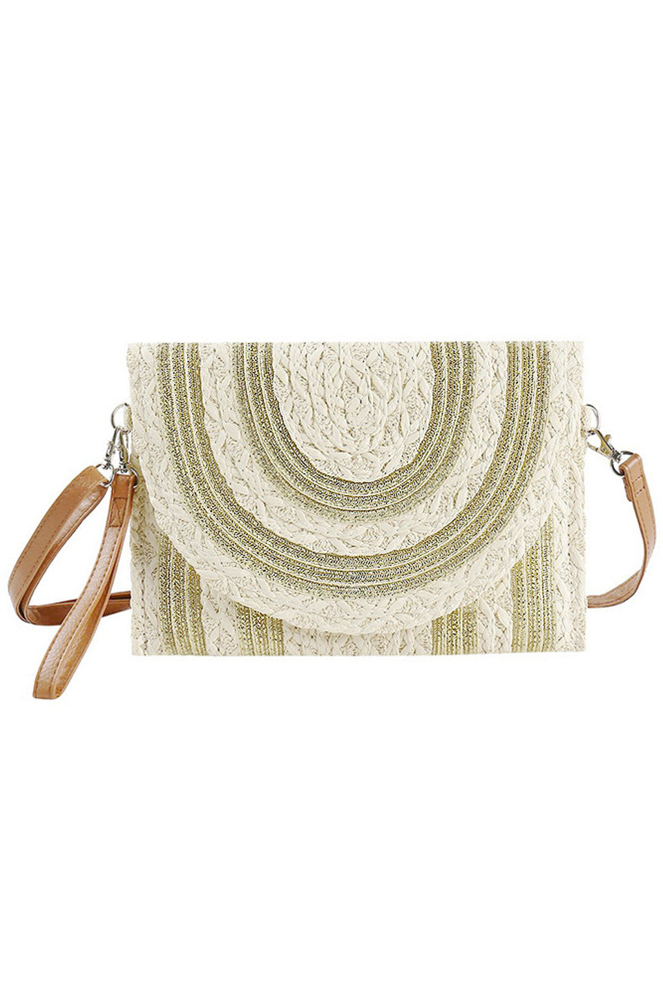 Taupe Metallic Gold Striped Pattern Straw Crossbody Bag combines natural straw craftsmanship with subtle metallic gold accents for a sophisticated look. Designed for effortless wear, its cross-body style ensures comfort and practicality, making it perfect for day-to-night use. The lightweight construction offers durability without compromising elegance, making it a versatile accessory for refined, modern wardrobes. 