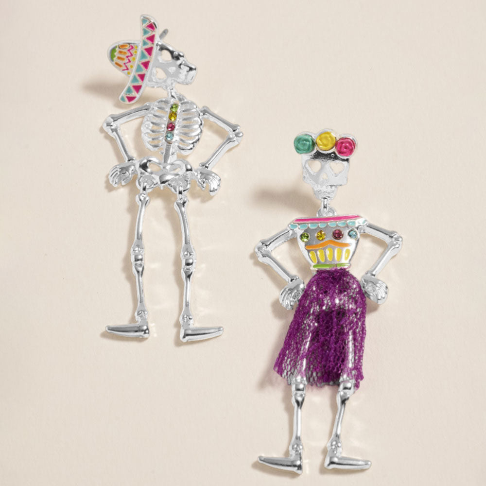 Silver Mismatched Day of the Dead Halloween Skeleton Earrings