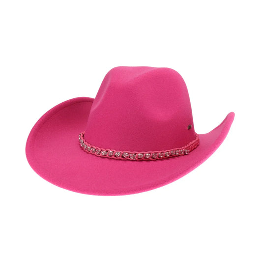 Hot Pink Modesto Vegan Fabric Cowboy Hat combines traditional western style with modern, ethical materials. Made entirely from durable vegan fabric, this hat offers a sustainable choice without sacrificing quality or comfort. Its structured design ensures a flattering fit, while providing reliable sun protection for outdoor wear. Perfect for those who value both fashion and conscious living.