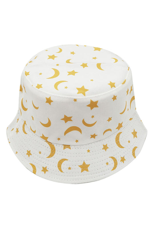 White MOON AND STAR PRINT BUCKET HAT features celestial imagery on premium fabric. The structured silhouette offers superior sun protection while the astronomical pattern delivers sophisticated visual interest. Engineered with reinforced stitching for durability and an adjustable fit, it's an essential accessory for the discerning customer seeking both functionality and distinctive style. 