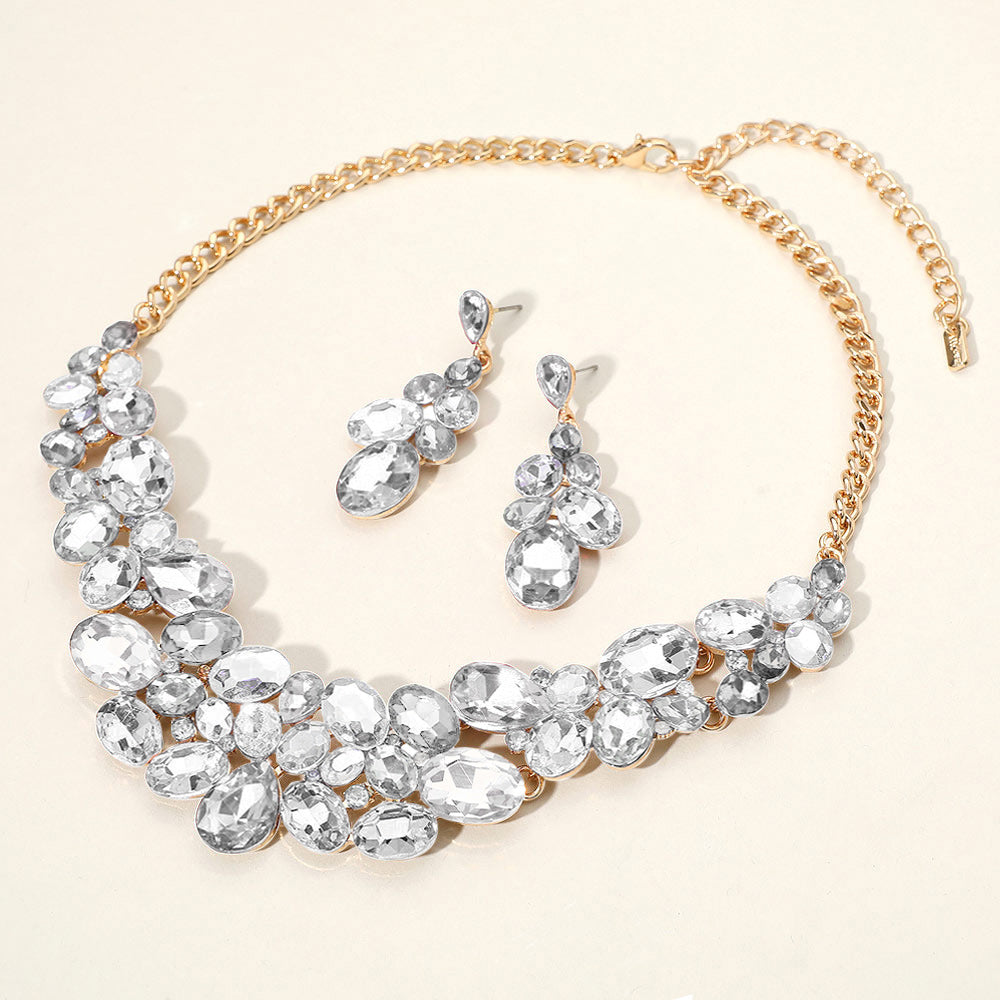 Clear, Gold Multi Stone Bubble Cluster Evening Necklace