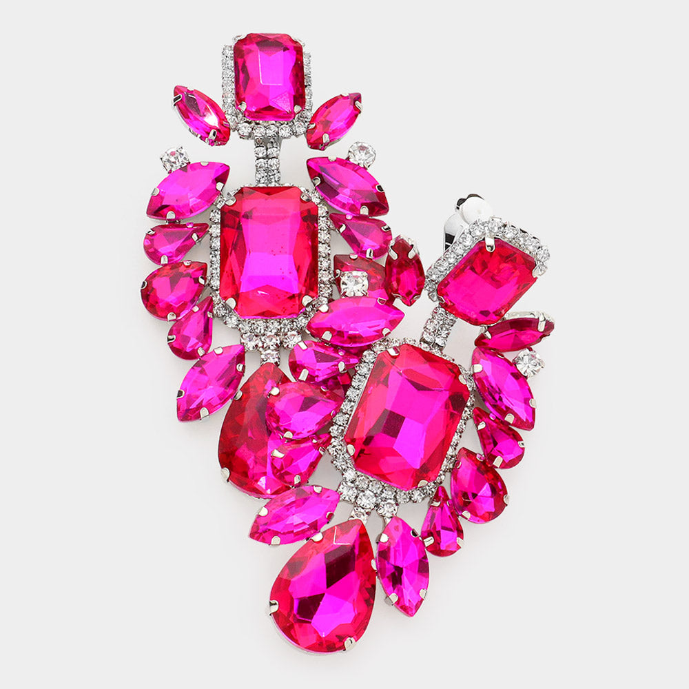 Fuchsia Multi Stone Embellished Evening Clip on Earrings