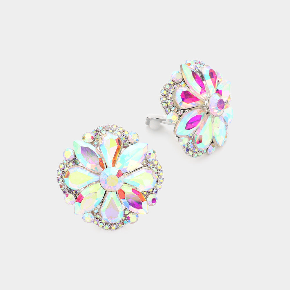 AB, Silver Multi Stone Floral Clip on Evening Earrings