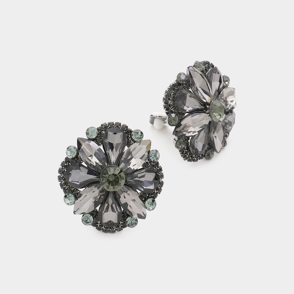 Black Diamond Multi Stone Floral Clip on Evening Earrings
