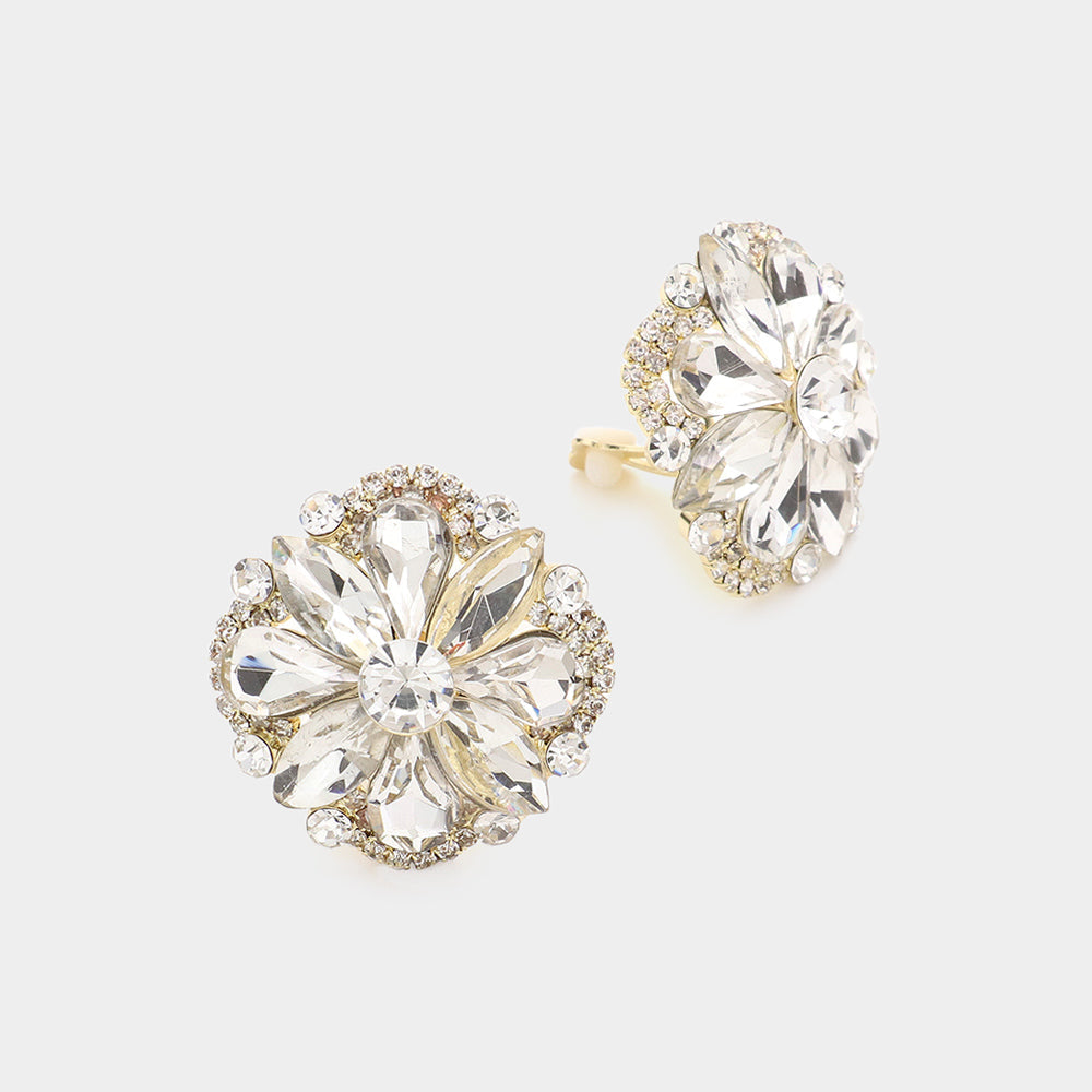 Gold Multi Stone Floral Clip on Evening Earrings