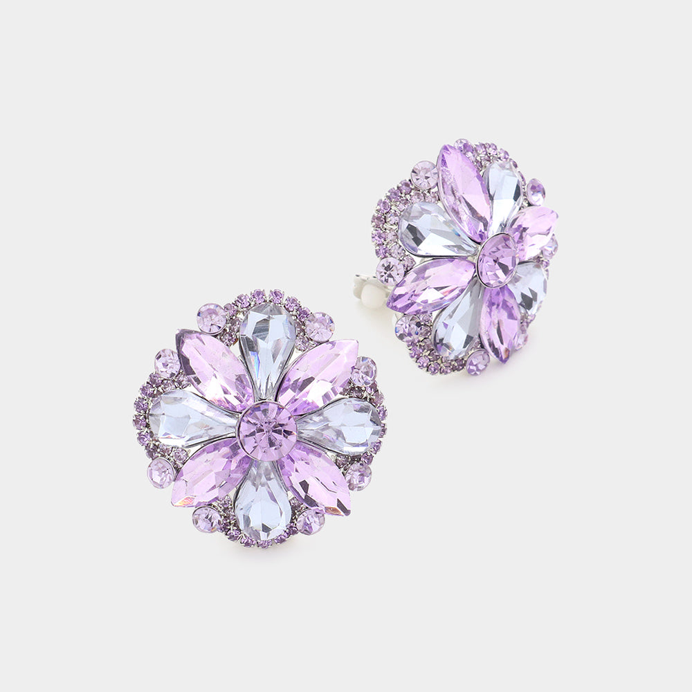Lavender Multi Stone Floral Clip on Evening Earrings