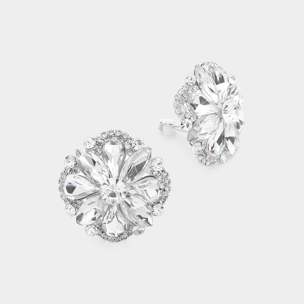 Silver Multi Stone Floral Clip on Evening Earrings