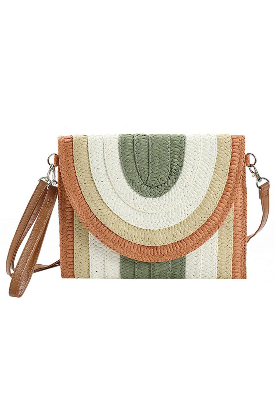 Olive Multicolor Striped Straw Clutch Crossbody Bag combines vibrant style with practical design. Crafted from durable straw, it features a colorful striped pattern that adds a lively touch to any outfit. The crossbody strap offers hands-free convenience, making it ideal for daily use or special occasions. Its compact size ensures easy carrying while providing enough space for essentials, blending fashion and function seamlessly. 