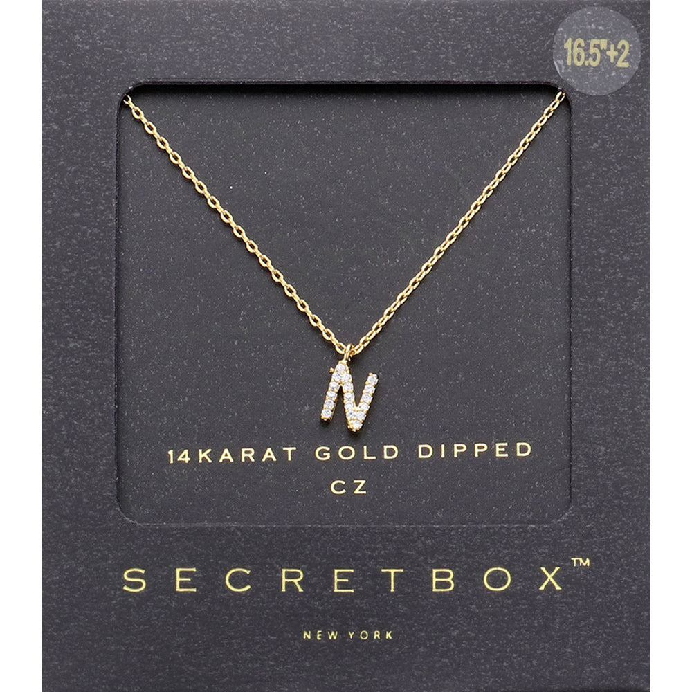 ~N~, Gold -N- Secret Box _ 14K Gold Dipped CZ Initial Monogram Pendant Necklace