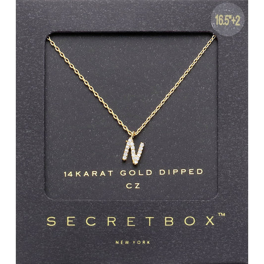 ~N~, Gold -N- Secret Box _ 14K Gold Dipped CZ Initial Monogram Pendant Necklace