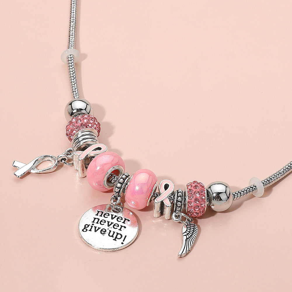 Pink Never Give Up Disc Wing Pink Ribbon Charm Multi Beaded Necklace