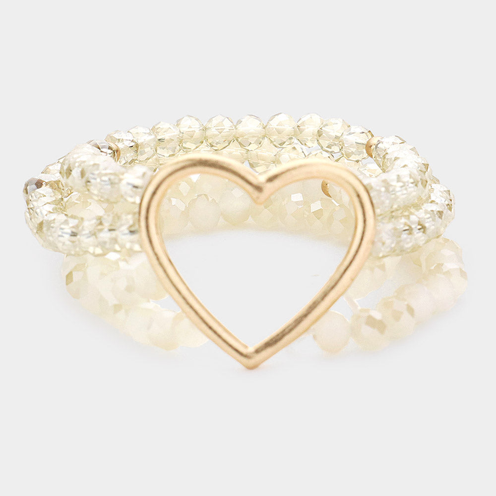 Open Metal Heart Accented Multi Layered Faceted Beaded Stretch Bracelet - Ivory - Bracelets