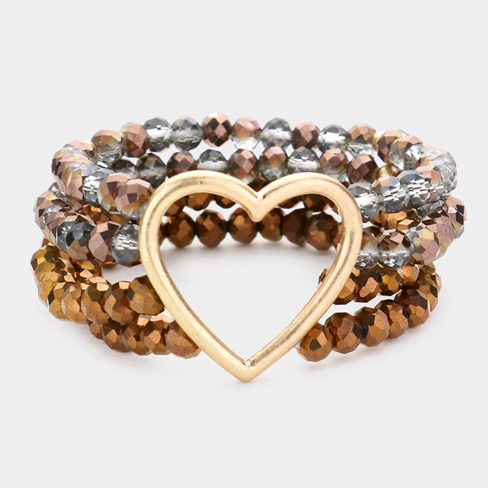 Open Metal Heart Accented Multi Layered Faceted Beaded Stretch Bracelet - Bronze - Bracelets