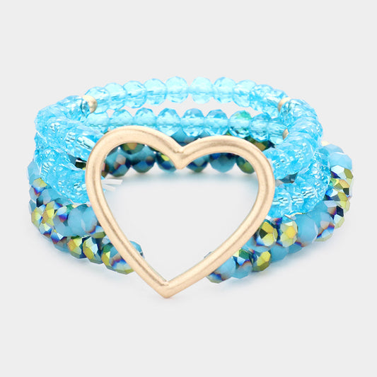 Open Metal Heart Accented Multi Layered Faceted Beaded Stretch Bracelet - Blue - Bracelets
